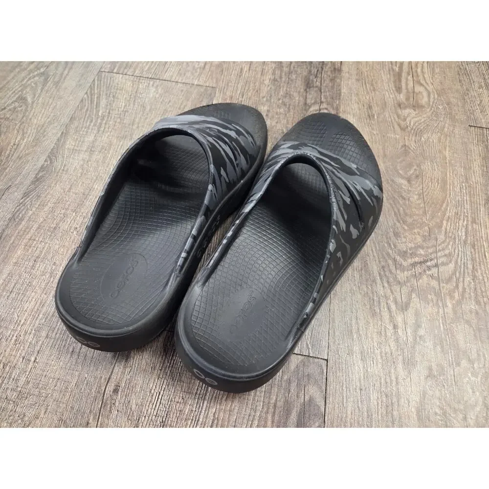 OOFOS OOahh Sport Flex Sandals Mens 8 - Women 10 Black Camo Slide Slip-On Shoes